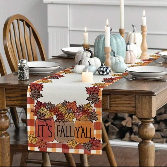 NWT- It’s Fall Y’all Mason Jars- Plaid Table Runner w/ Maple Leaves 🍁 72x13 - Picture 3 of 5